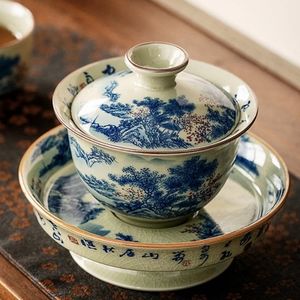 Retro Blue And White Porcelain Gaiwan Tea Set.
